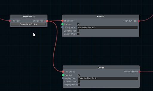 A screenshot of an OfferChoicesNode and two connected ChoiceNodes.